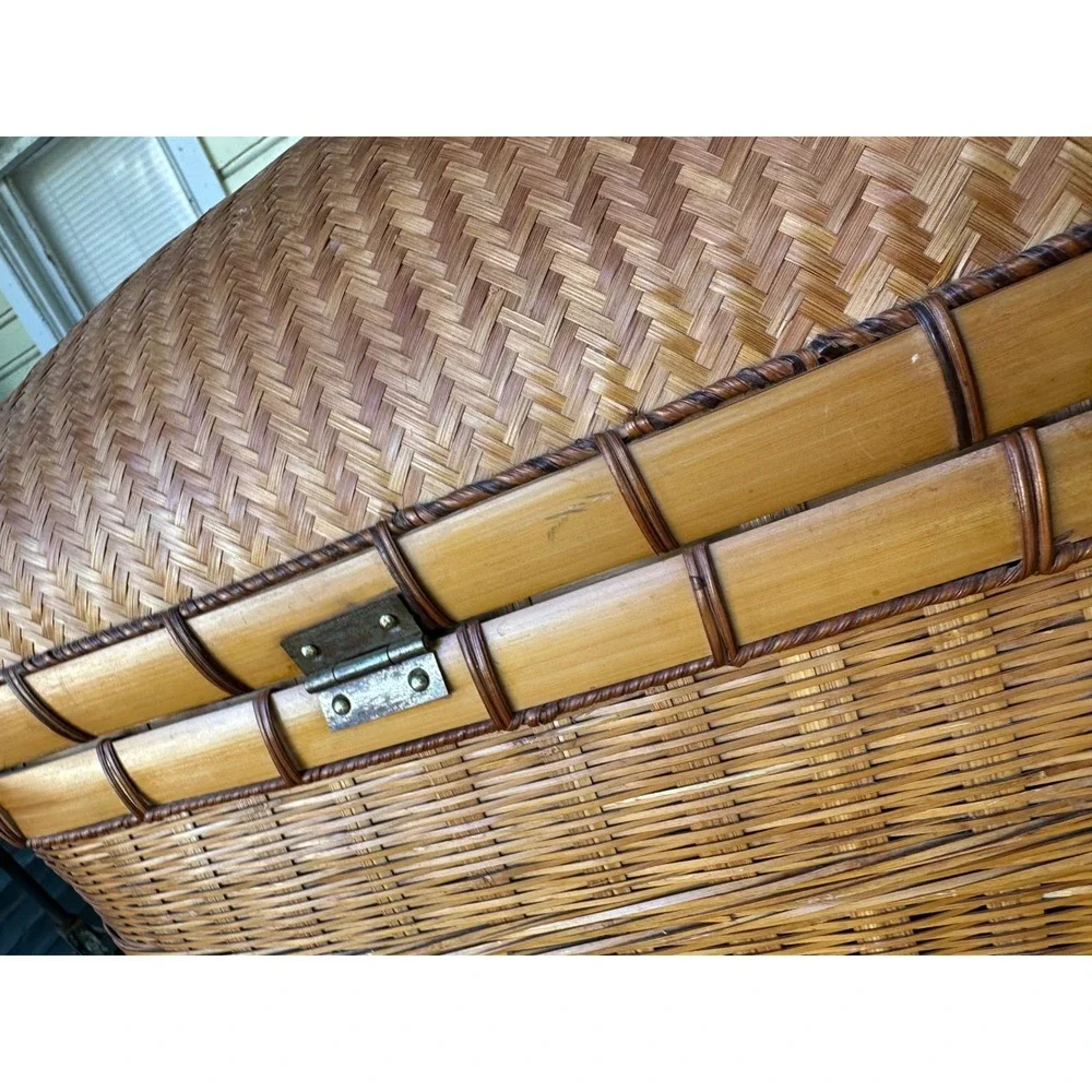 Vintage Woven Bamboo Picnic Basket Domed Lid Trunk Storage Hamper Boho Decor